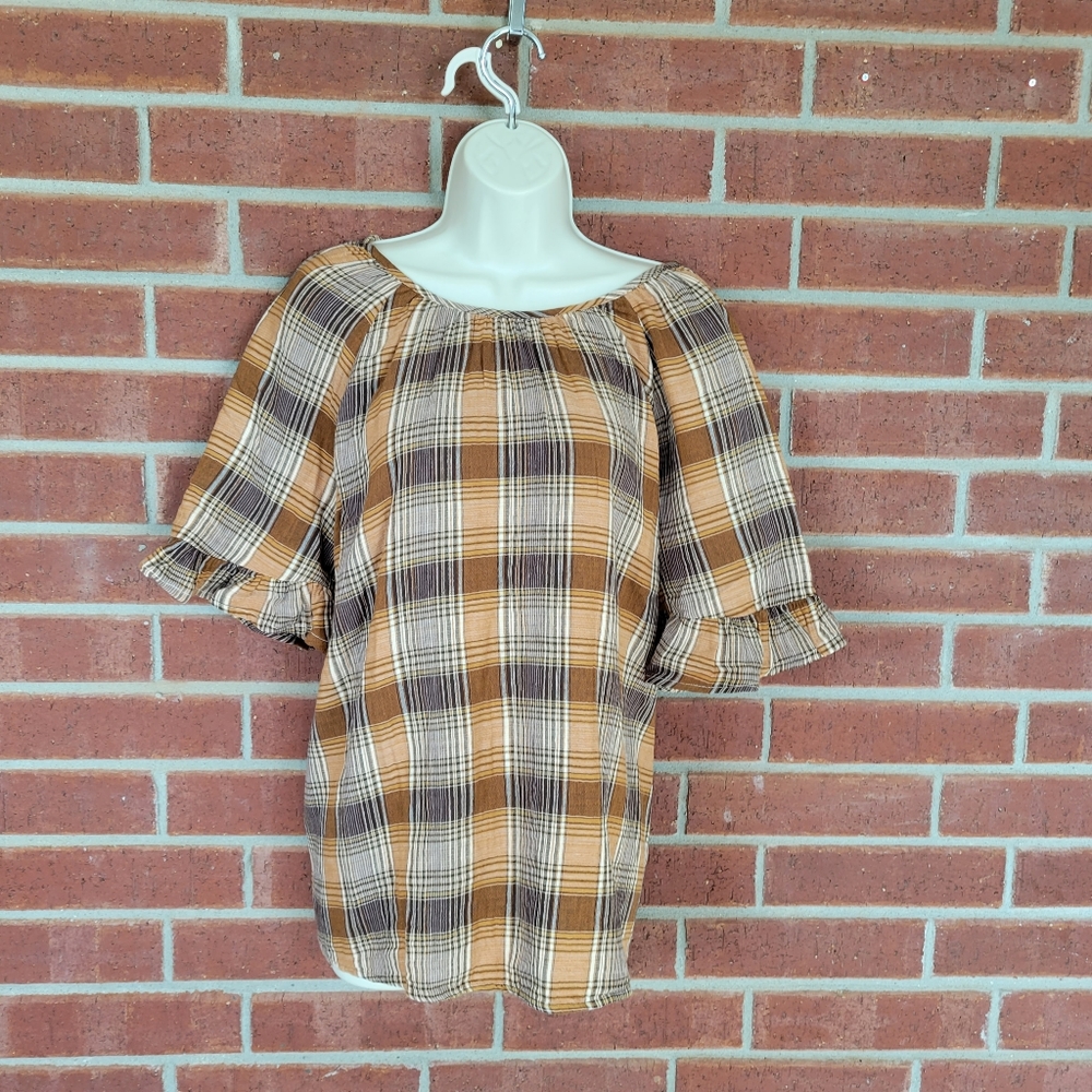 Universal Thread XL Mustard Brown Plaid Ruffle Sleeve Blouse.  #404